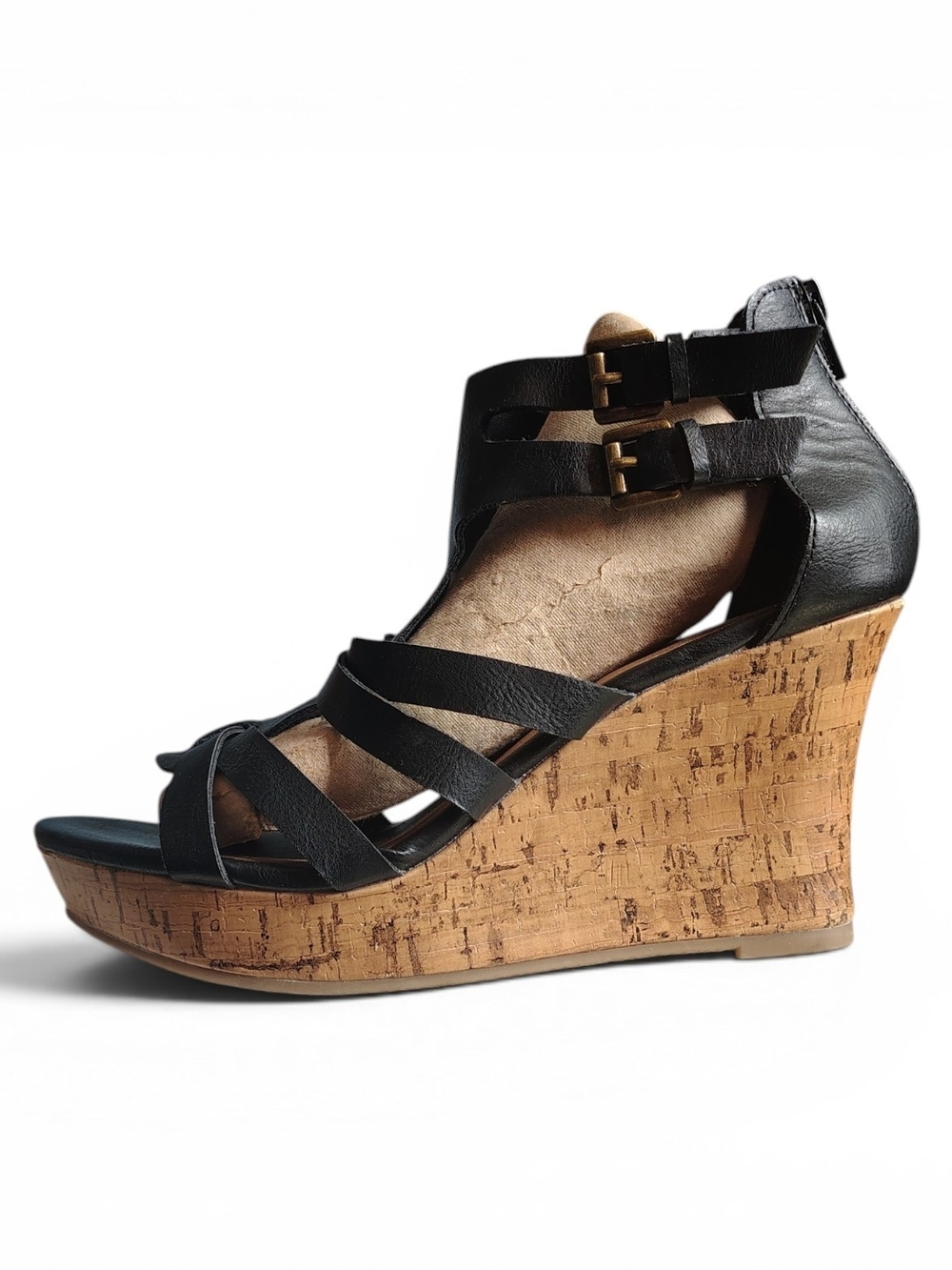 A.N.A Women's Black Molly Leather Wedge Cork Layered Strap Sandals Size 8.5